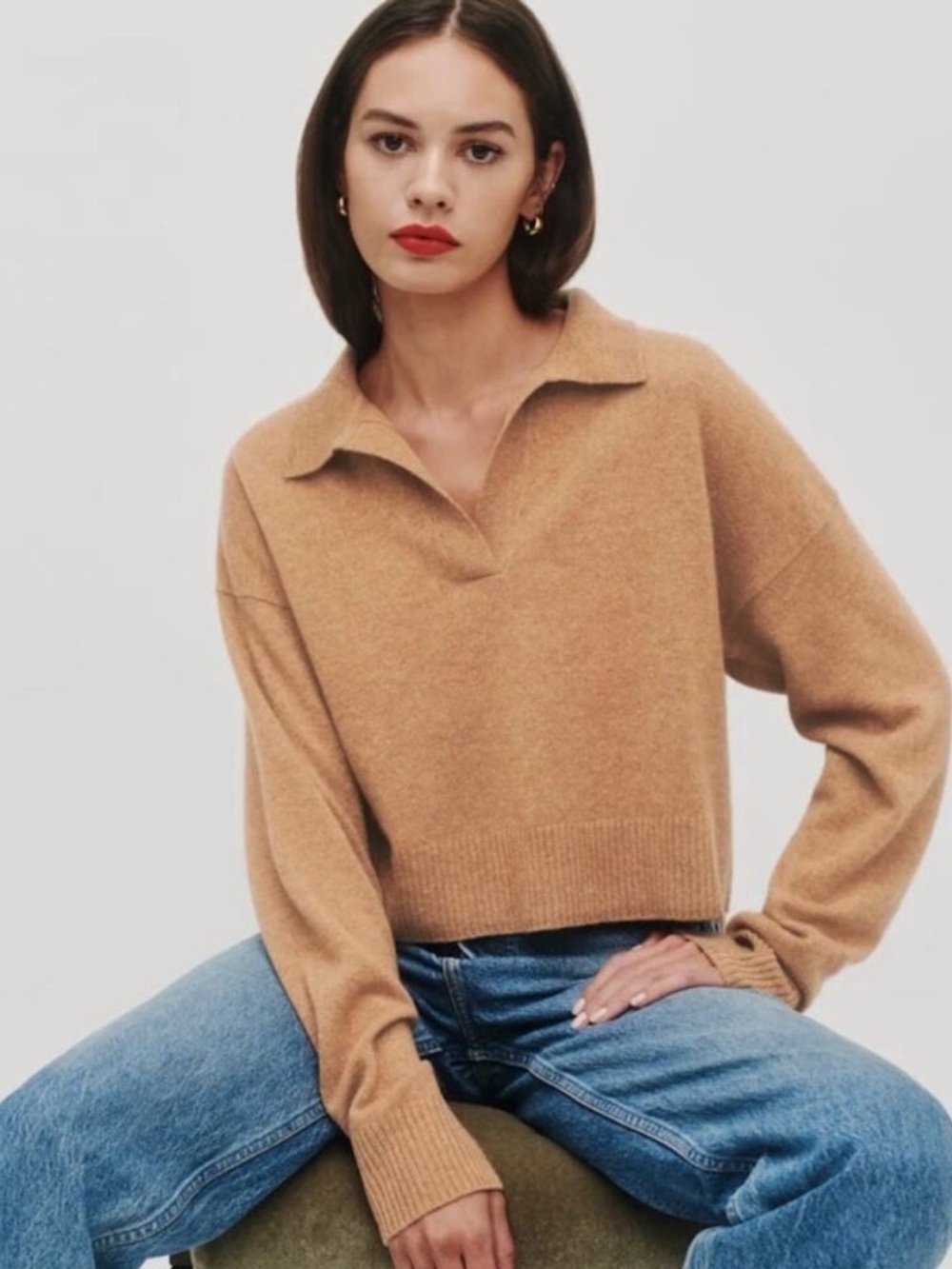 Reformation Jeans Sweater Collar Polo in Camel Tan